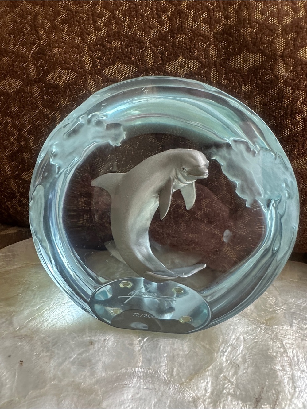 Dan Medina Lucite and Pewter Dolphin Sculpture Paperweight Earth shaped
